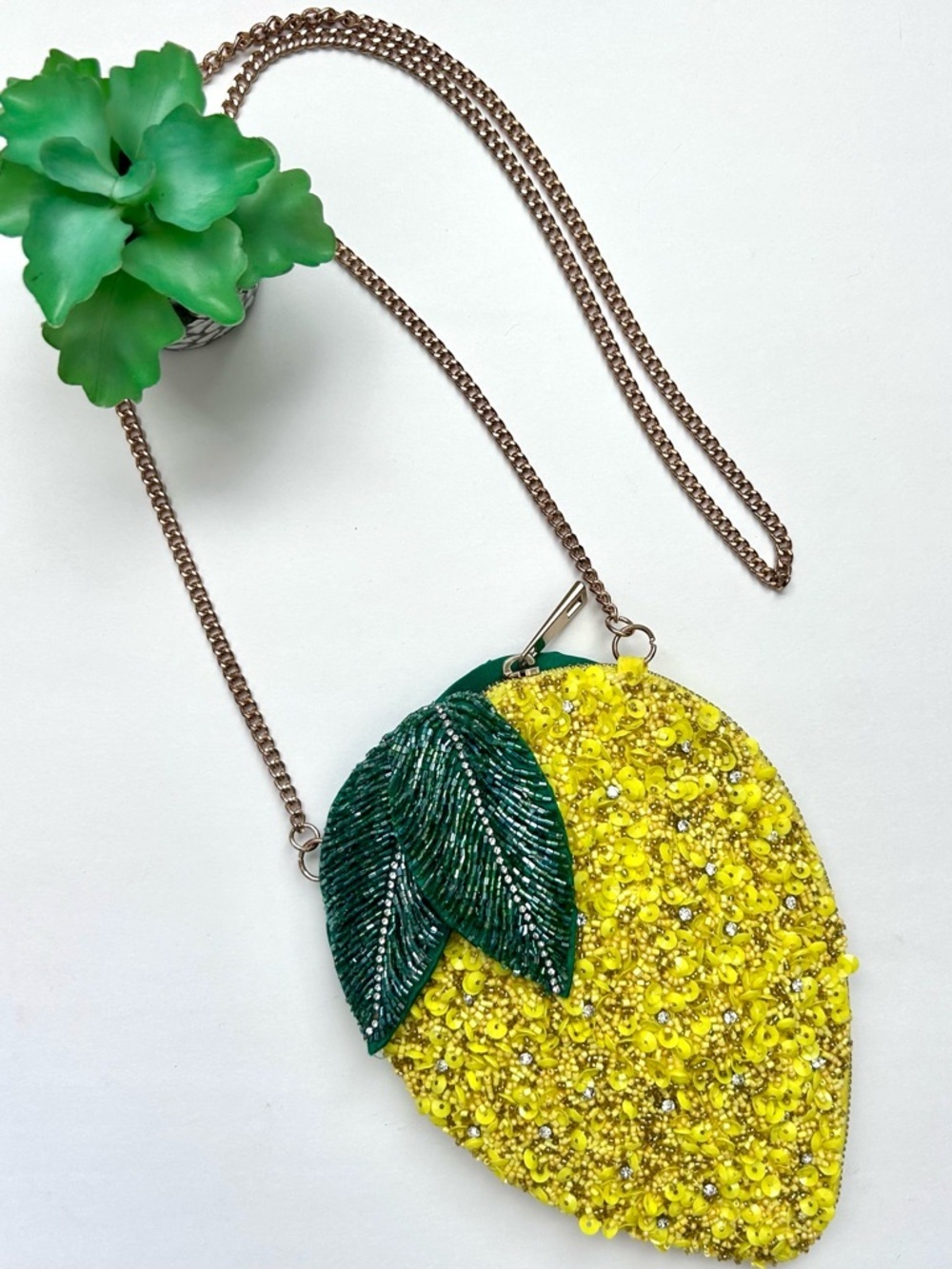 Zara Lemon Crossbody Statement Bag Sequin Beaded Chain Strap